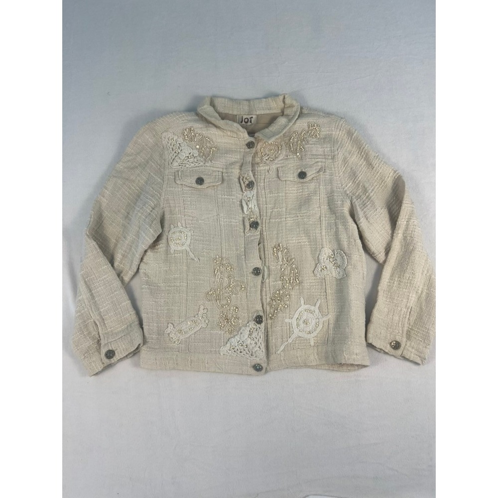 JOT Y2K Embellished Cotton Jacket W Med Beige Crochet Sequin‎ Bead Boho Nautical